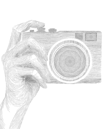 Dessin au trait d’une main tenant un appareil photographique.